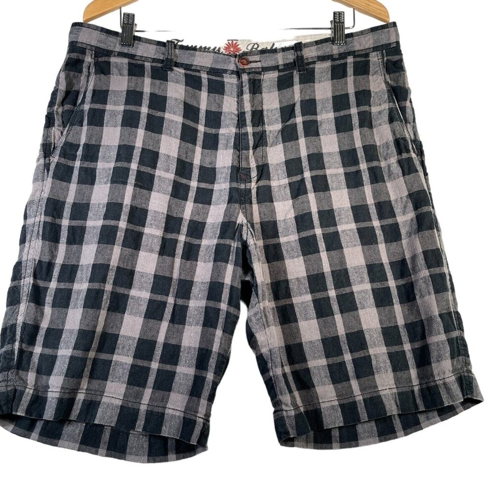 Tommy Bahama Shorts Mens Size 36 Black Plaid Linen Silk Blend Paradise Nation 9"